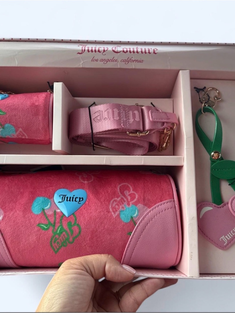 Juicy Couture Pink Floral Heart Logo Wristlet Trio with Green Strap Charm
